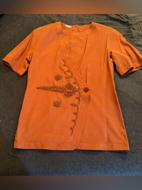 BASILE Embroidered Rust Orange Short Sleeve Blouse Tunic Made in Italy Size M